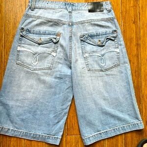 Koman BAGGY BLUE Jean SHORTS SIZE 34  Denim Cotton hi Rise Silver Stitch street